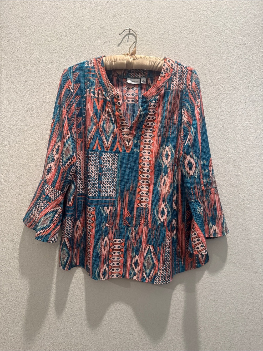 Kim Rogers Teal & Coral Geometric Tunic Top
